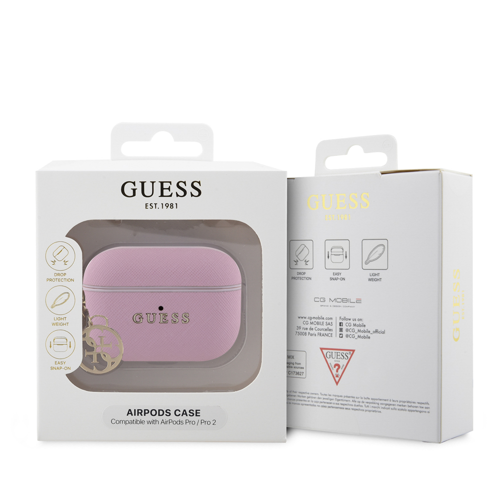 Apple Airpods Pro 2 Kılıf Guess Orjinal Lisanslı Dokulu 4G Yuvarlak Süs Zincirli Saffiano Kılıf - Görsel 4