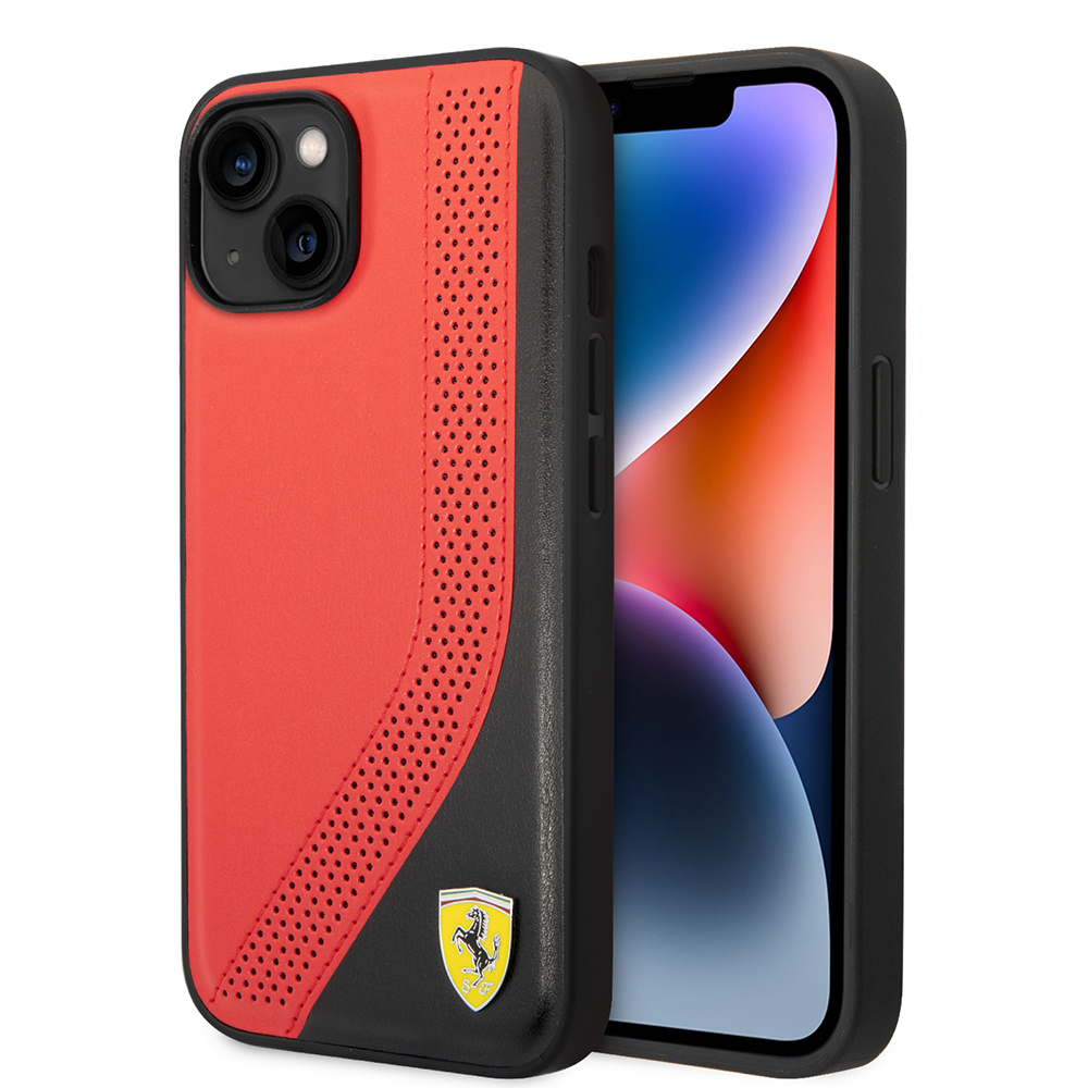 Apple iPhone 14 Kılıf Ferrari Orjinal Lisanslı Metal Logolu Deri Delikli Dikişli Dizayn Kapak