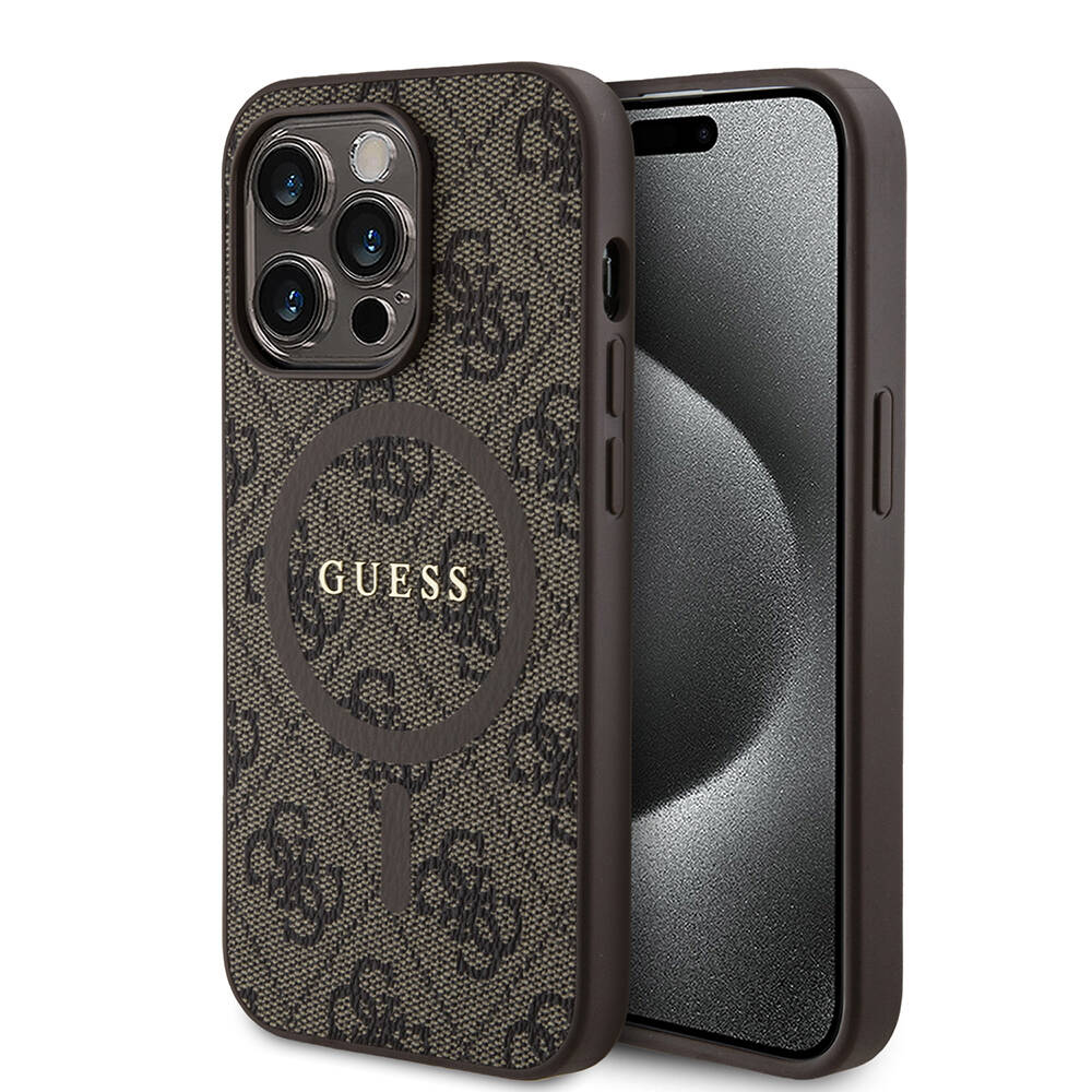 Apple iPhone 14 Pro Kılıf Guess Orjinal Lisanslı M-safe Şarj Özellikli PU Halkalı 4G Desenli Yazı Logolu Kapak