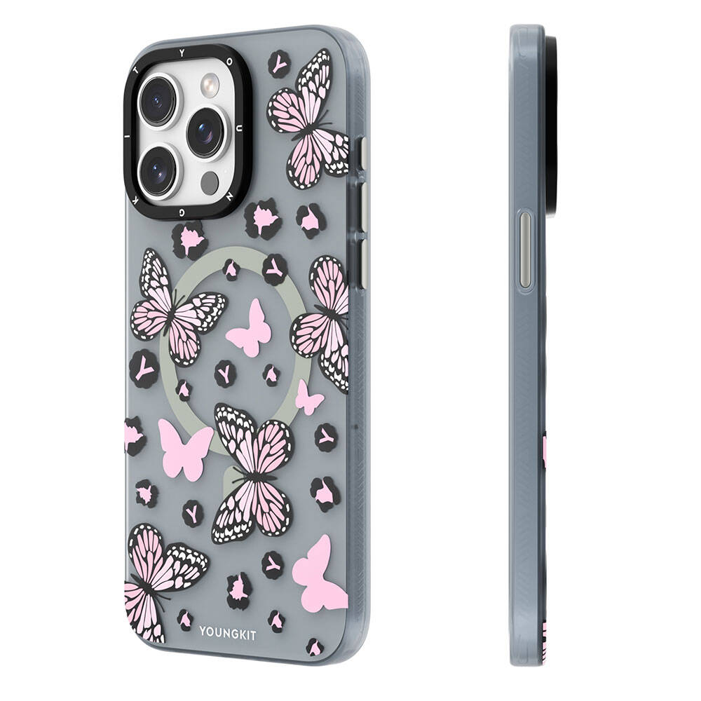 Apple iPhone 14 Pro Kılıf M-safe Şarj Özellikli Kelebek Desenli Youngkit Shadow Dance Serisi Kapak