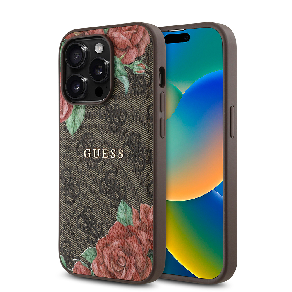Apple iPhone 14 Pro Max Kılıf Guess Orjinal Lisanslı M-safe Şarj Özellikli Gül Baskılı 4G Desenli Yazı Logolu Kapak
