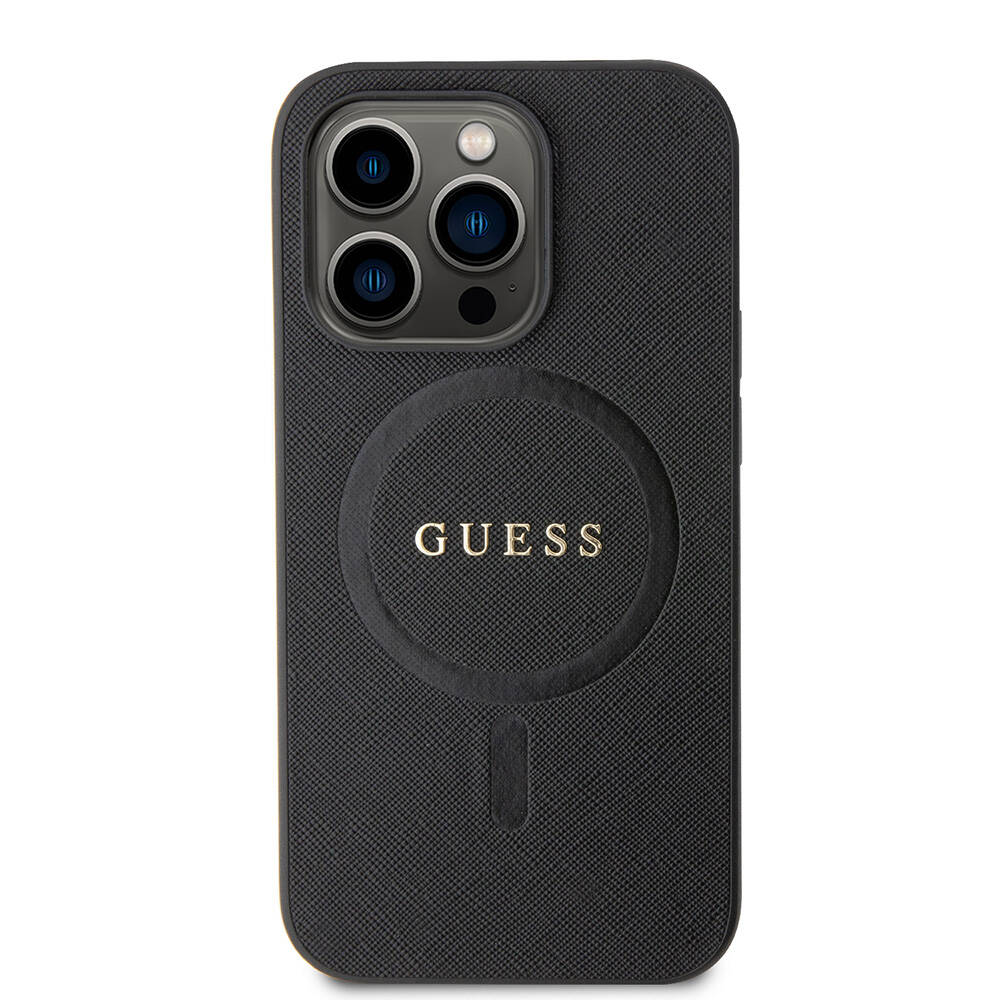 Apple iPhone 14 Pro Max Kılıf Guess Orjinal Lisanslı M-safe Şarj Özellikli Yazı Logolu Saffiano Kapak