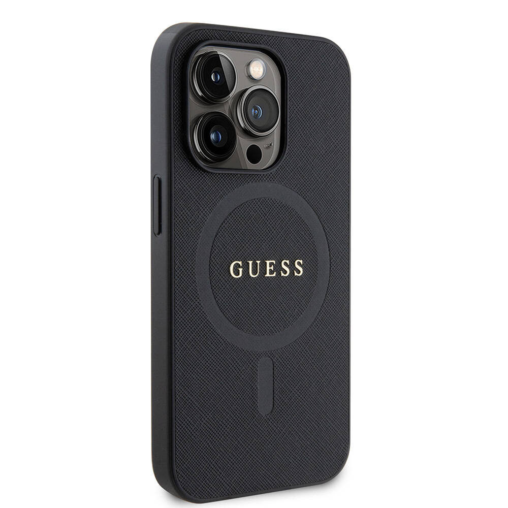 Apple iPhone 14 Pro Max Kılıf Guess Orjinal Lisanslı M-safe Şarj Özellikli Yazı Logolu Saffiano Kapak