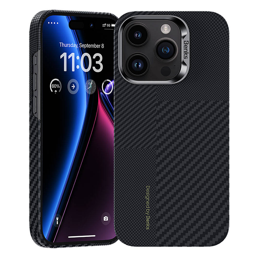 Apple iPhone 14 Pro Max Kılıf M-safe Şarj Özellikli Karbon Fiber Benks Montage ArmorAir Kevlar Kapak