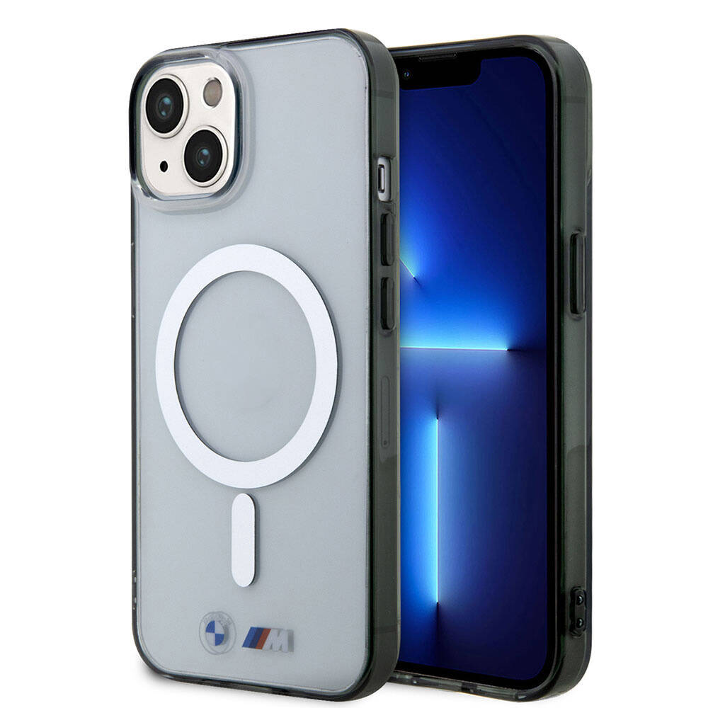 Apple iPhone 15 Kılıf BMW M-safe Şarj Özellikli Transparan Silver Ring Orjinal Lisanslı Kapak