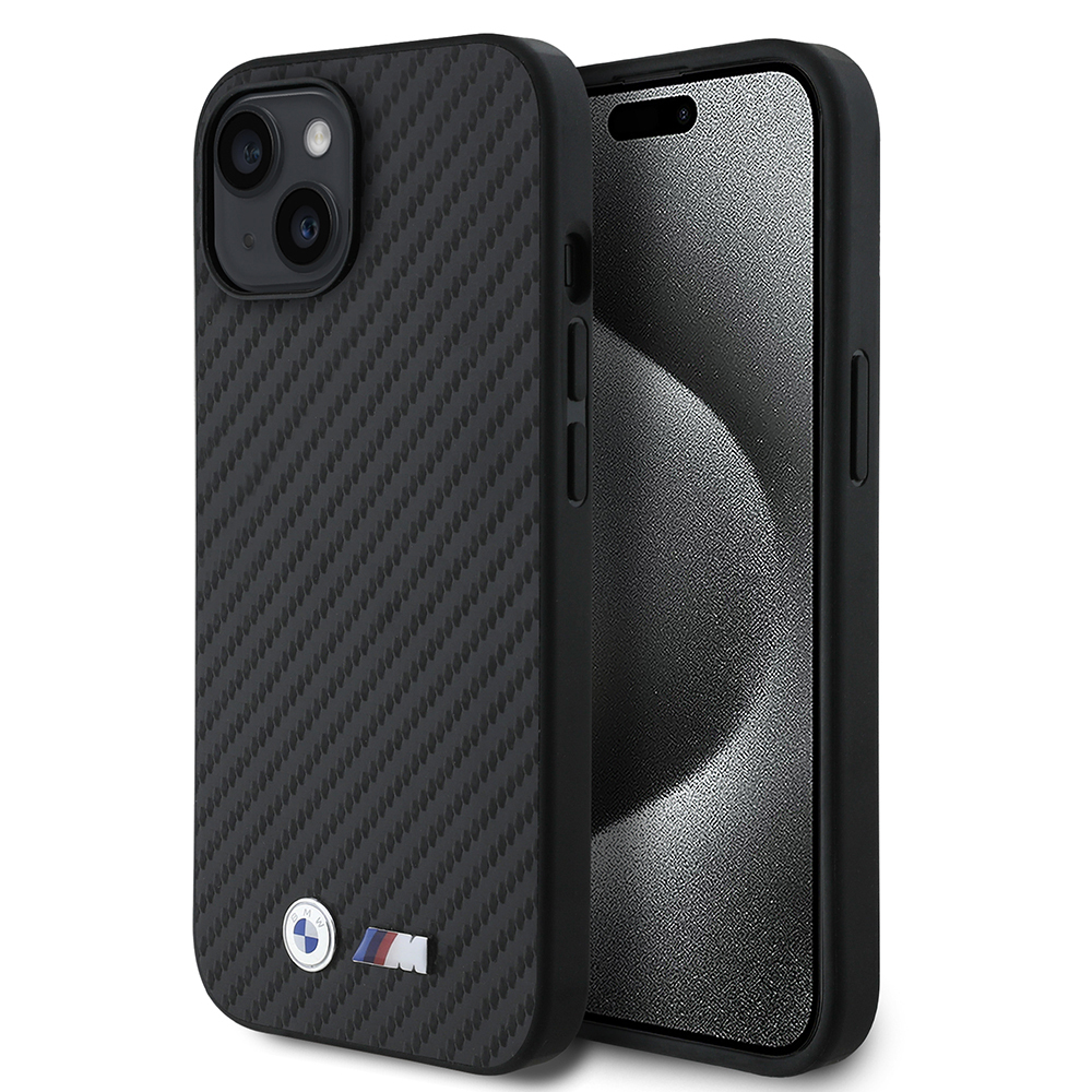 Apple iPhone 15 Kılıf BMW Orjinal Lisanslı Karbon Fiber Tasarımlı ve Metal Logolu PU Deri Kapak