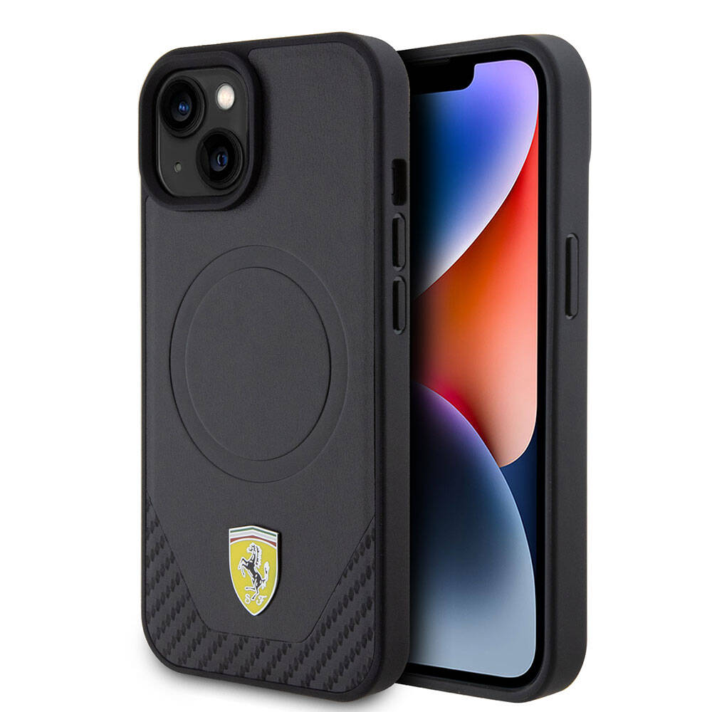 Apple iPhone 15 Kılıf Ferrari Orjinal Lisanslı M-safe Şarj Özellikli Metal Logolu PU Karbon Kapak