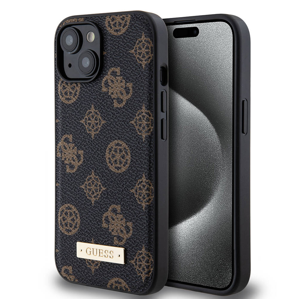 Apple iPhone 15 Kılıf Guess M-safe Şarj Özellikli PU Deri Desenli Metal Plaka Logolu Kapak