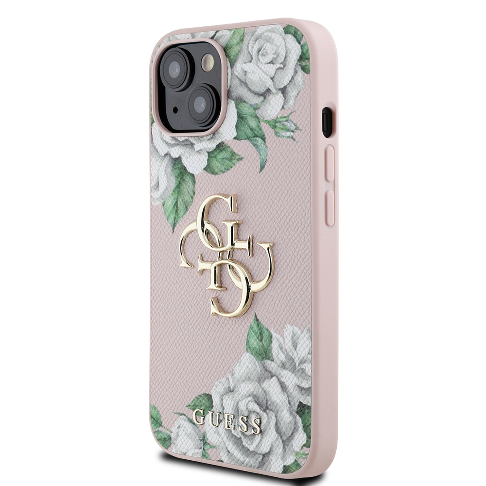 Apple iPhone 15 Kılıf Guess Orjinal Lisanslı Gül Baskılı Büyük Metal Logo Dizaynlı Kapak