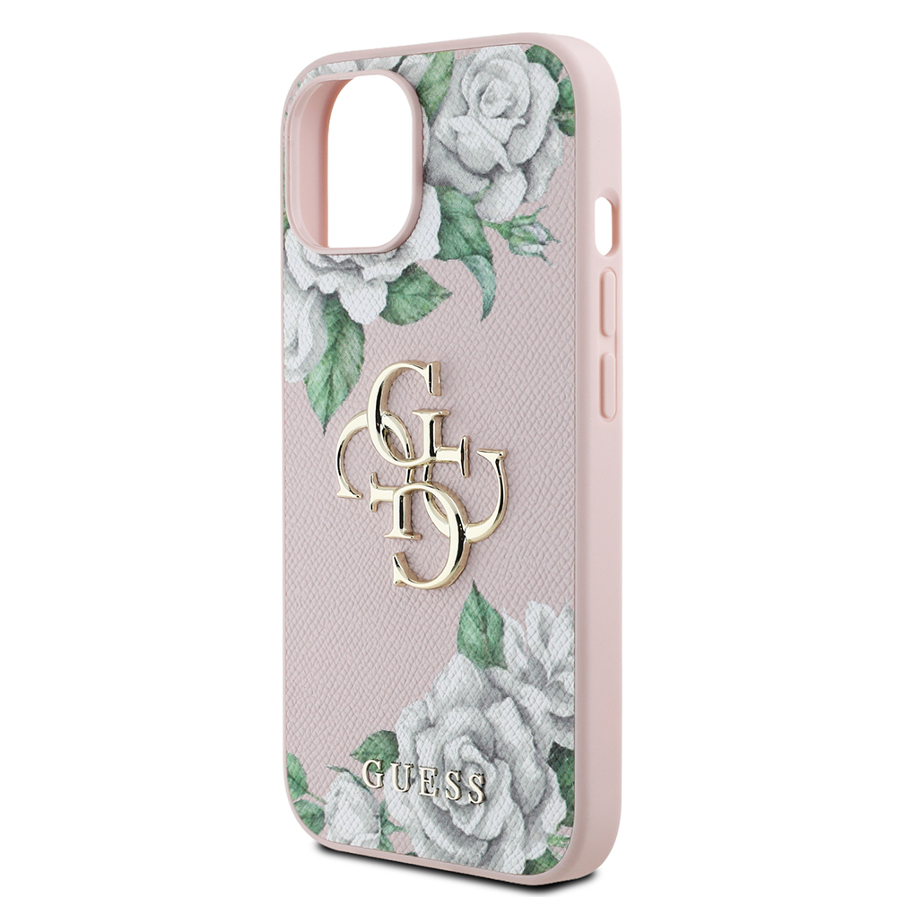 Apple iPhone 15 Kılıf Guess Orjinal Lisanslı Gül Baskılı Büyük Metal Logo Dizaynlı Kapak