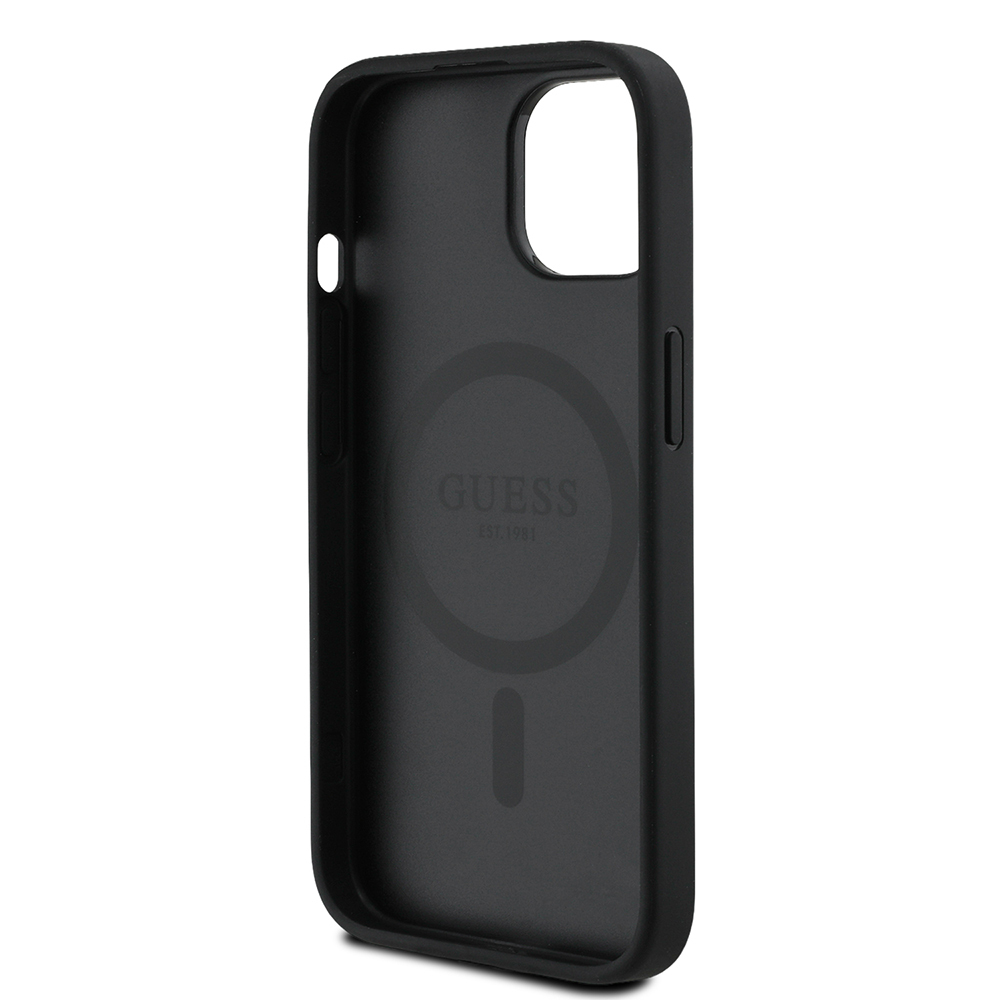 Apple iPhone 15 Kılıf Guess Orjinal Lisanslı M-safe Şarj Özellikli Sıcak Baskılı Üçgen Logolu PU Deri Peony Kapak