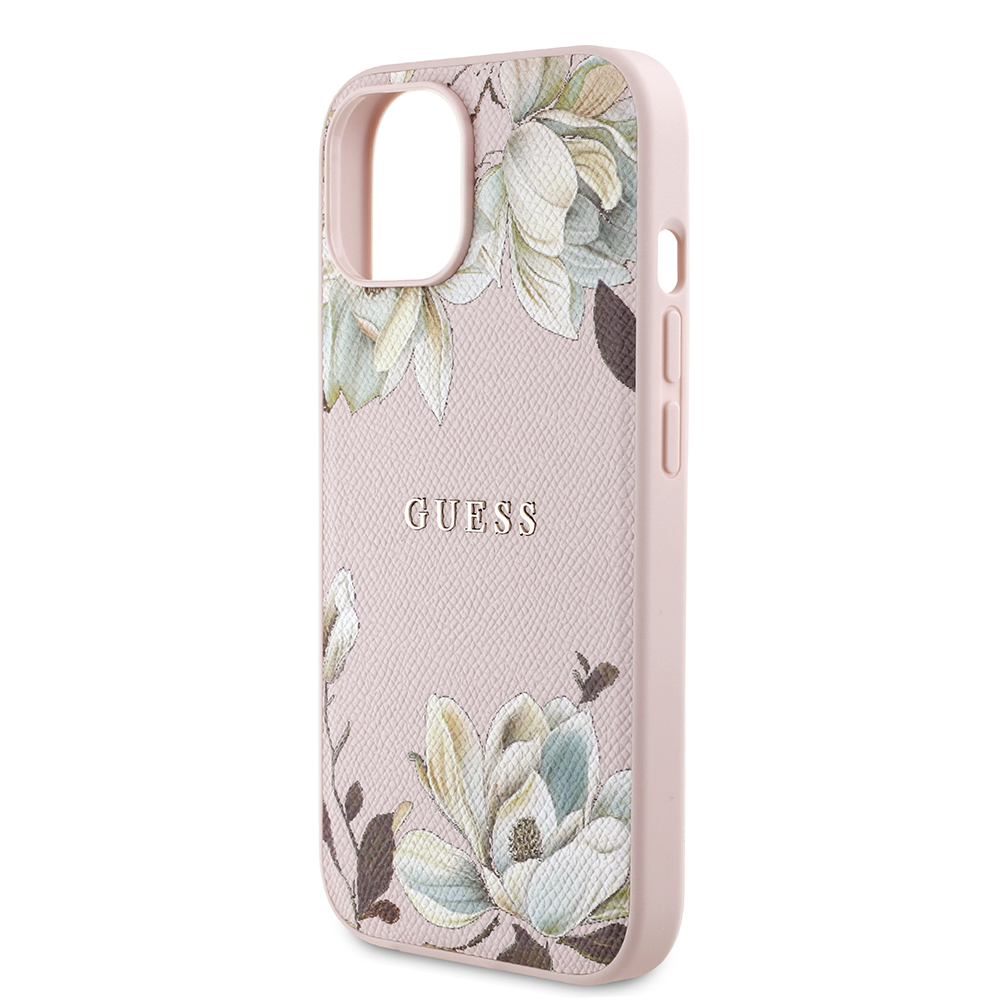 Apple iPhone 15 Kılıf Guess Orjinal Lisanslı M-safe Şarj Özellikli Taneli Çiçek Tasarımlı Metal Yazı Logolu Kapak