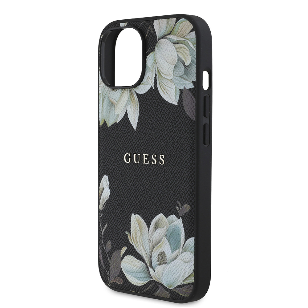 Apple iPhone 15 Kılıf Guess Orjinal Lisanslı M-safe Şarj Özellikli Taneli Çiçek Tasarımlı Metal Yazı Logolu Kapak