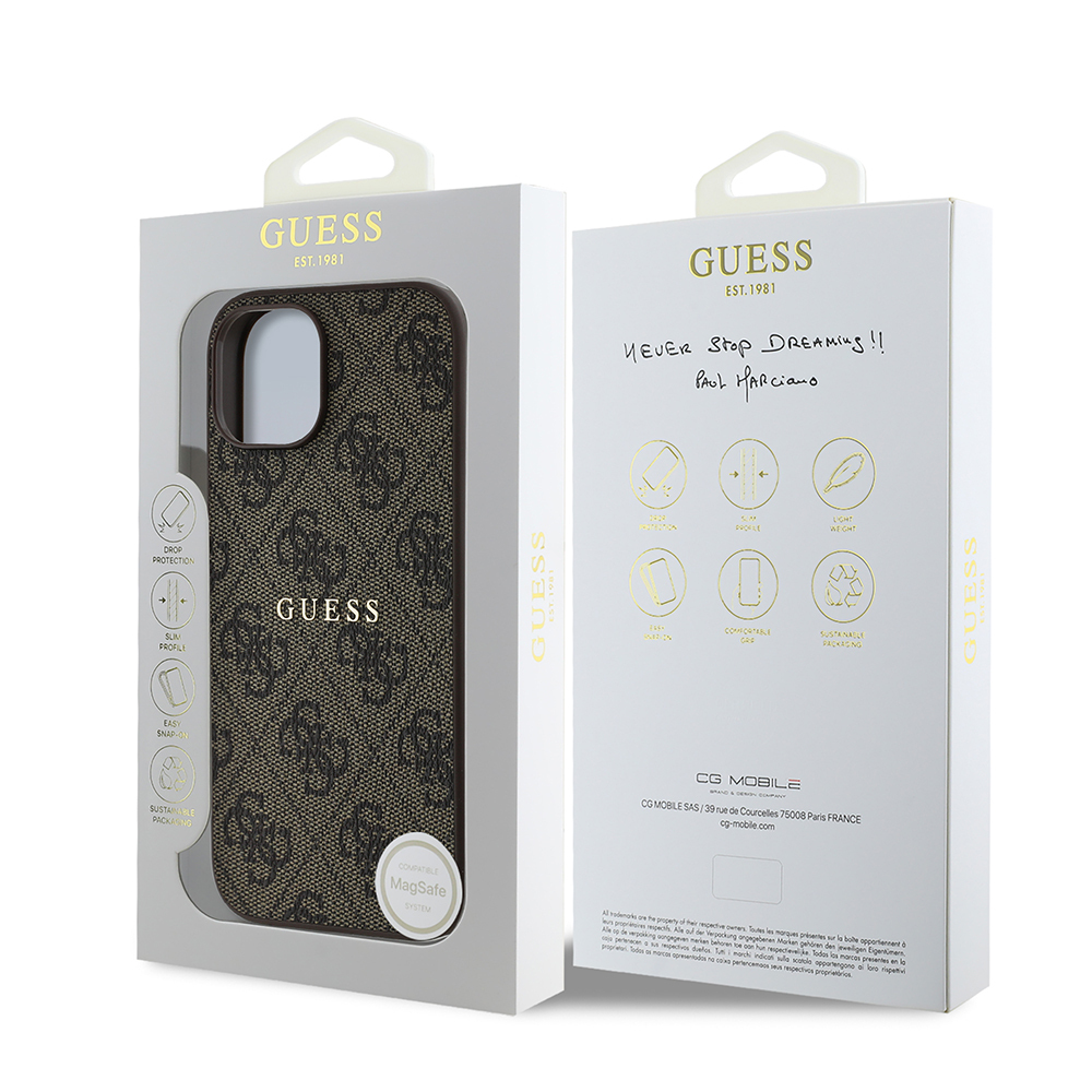 Apple iPhone 15 Kılıf Guess Orjinal Lisanslı M-safe Şarj Özellikli 4G Desen Yazı Logolu Kapak