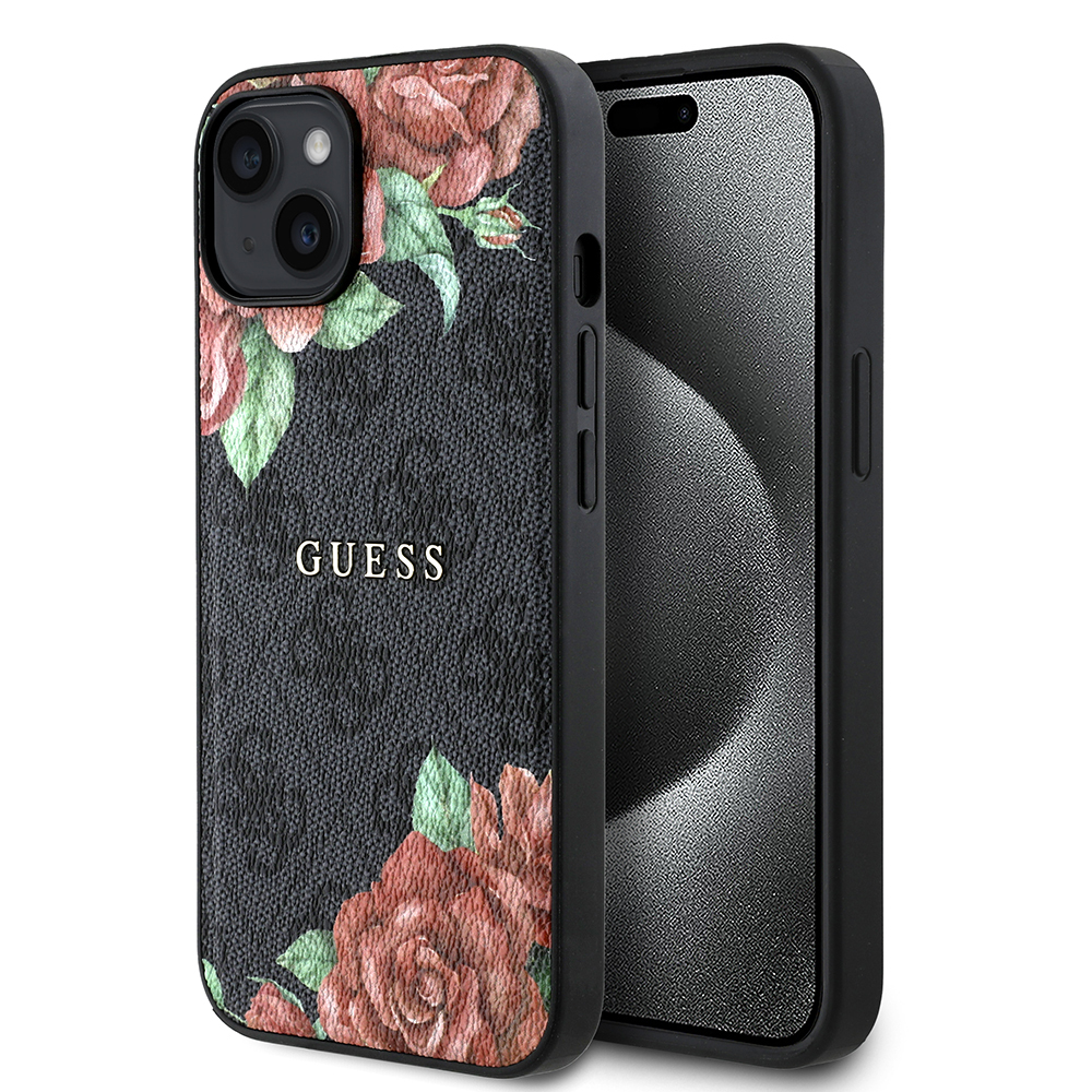 Apple iPhone 15 Kılıf Guess Orjinal Lisanslı M-safe Şarj Özellikli Gül Baskılı 4G Desenli Yazı Logolu Kapak