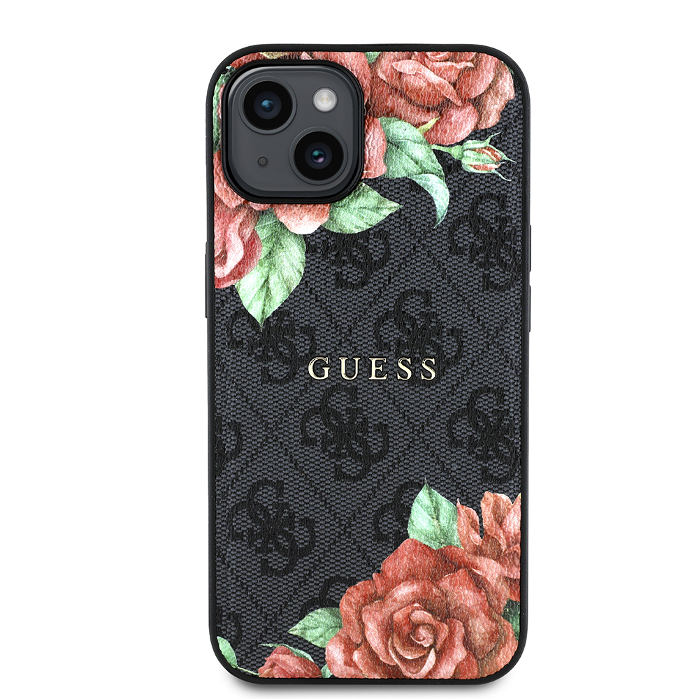 Apple iPhone 15 Kılıf Guess Orjinal Lisanslı M-safe Şarj Özellikli Gül Baskılı 4G Desenli Yazı Logolu Kapak - Görsel 3