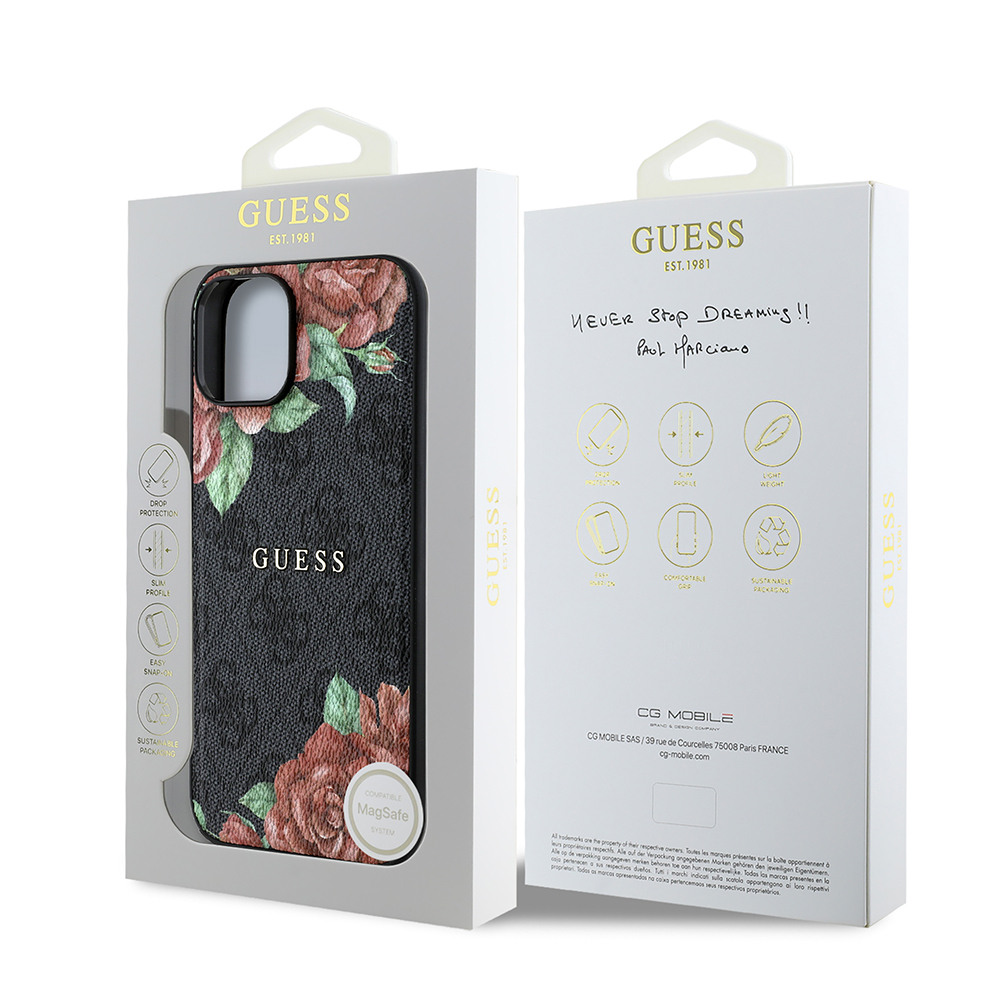Apple iPhone 15 Kılıf Guess Orjinal Lisanslı M-safe Şarj Özellikli Gül Baskılı 4G Desenli Yazı Logolu Kapak - Görsel 8