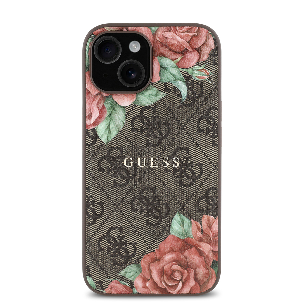 Apple iPhone 15 Kılıf Guess Orjinal Lisanslı M-safe Şarj Özellikli Gül Baskılı 4G Desenli Yazı Logolu Kapak - Görsel 10