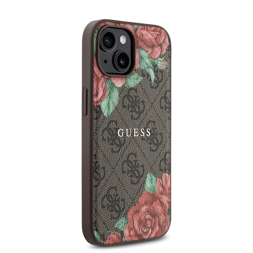 Apple iPhone 15 Kılıf Guess Orjinal Lisanslı M-safe Şarj Özellikli Gül Baskılı 4G Desenli Yazı Logolu Kapak - Görsel 11