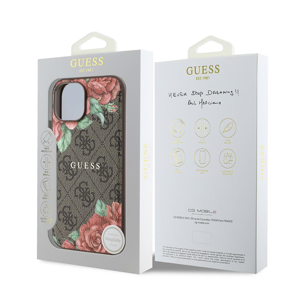 Apple iPhone 15 Kılıf Guess Orjinal Lisanslı M-safe Şarj Özellikli Gül Baskılı 4G Desenli Yazı Logolu Kapak - Görsel 15