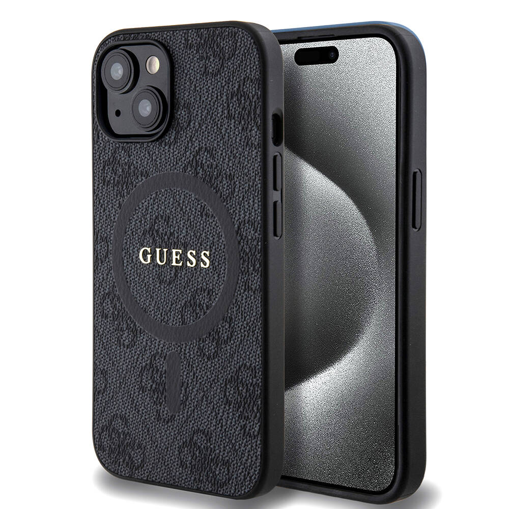 Apple iPhone 15 Kılıf Guess Orjinal Lisanslı M-safe Şarj Özellikli PU Halkalı 4G Desenli Yazı Logolu Kapak