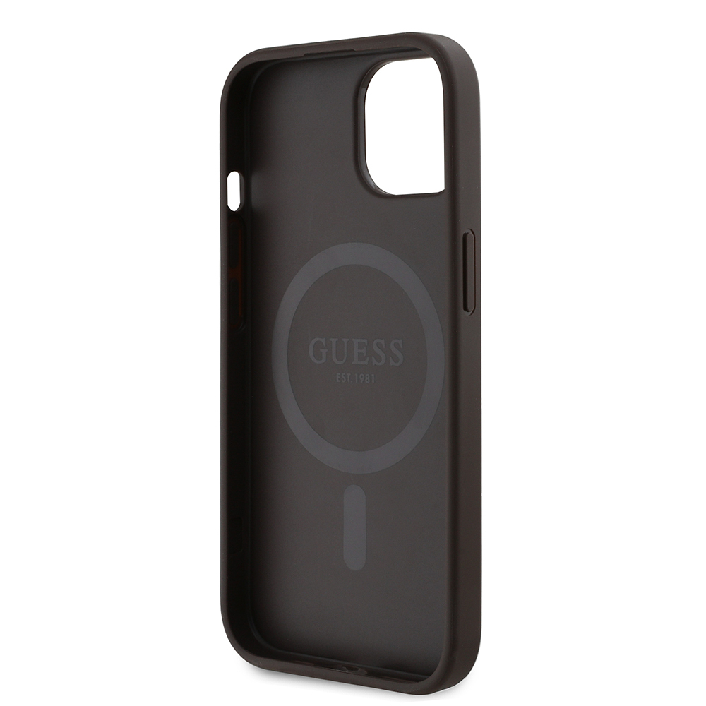 Apple iPhone 15 Kılıf Guess Orjinal Lisanslı M-safe Şarj Özellikli PU Üçgen Logo 4G Desenli Kapak
