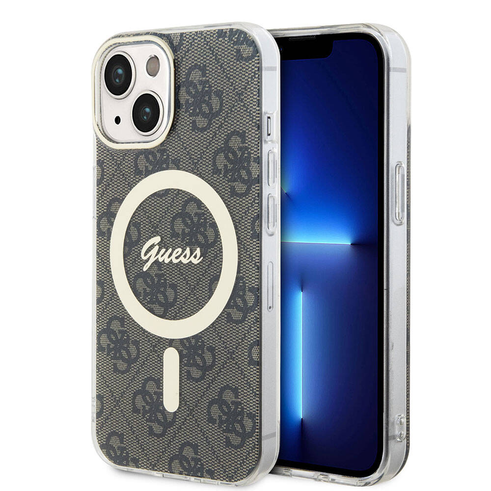 Apple iPhone 15 Kılıf Guess Orjinal Lisanslı M-safe Şarj Özellikli Yazı Logolu 4G Desenli Kapak
