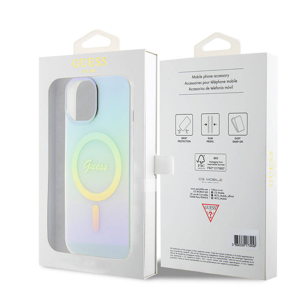 Apple iPhone 15 Kılıf Guess Orjinal Lisanslı M-safe Şarj Özellikli Yazı Logolu Iridescent Kapak