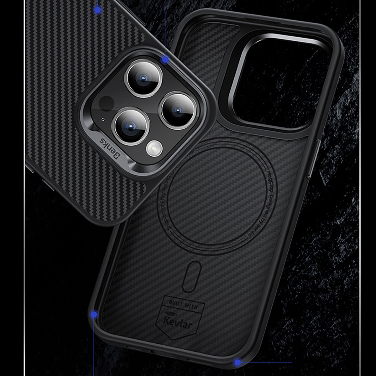 Apple iPhone 15 Kılıf Karbon Fiber M-safe Şarj Özellikli Benks Hybrid ArmorPro 600D Kevlar Kapak