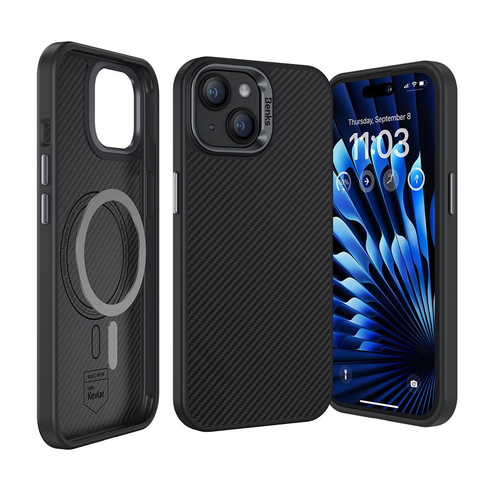 Apple iPhone 15 Kılıf Karbon Fiber M-safe Şarj Özellikli Benks Hybrid ArmorPro 600D Kevlar Kapak