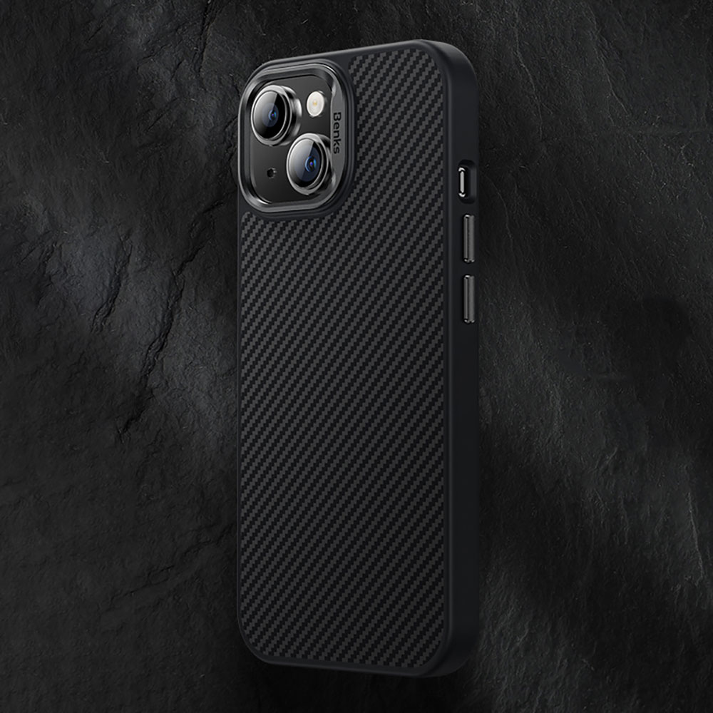Apple iPhone 15 Kılıf Karbon Fiber M-safe Şarj Özellikli Benks Hybrid ArmorPro 600D Kevlar Kapak