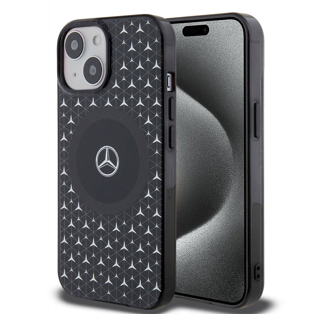 Apple iPhone 15 Kılıf Mercedes Benz Orjinal Lisanslı M-safe Şarj Özellikli Çift Katmanlı Mini Yıldız Desenli Kapak
