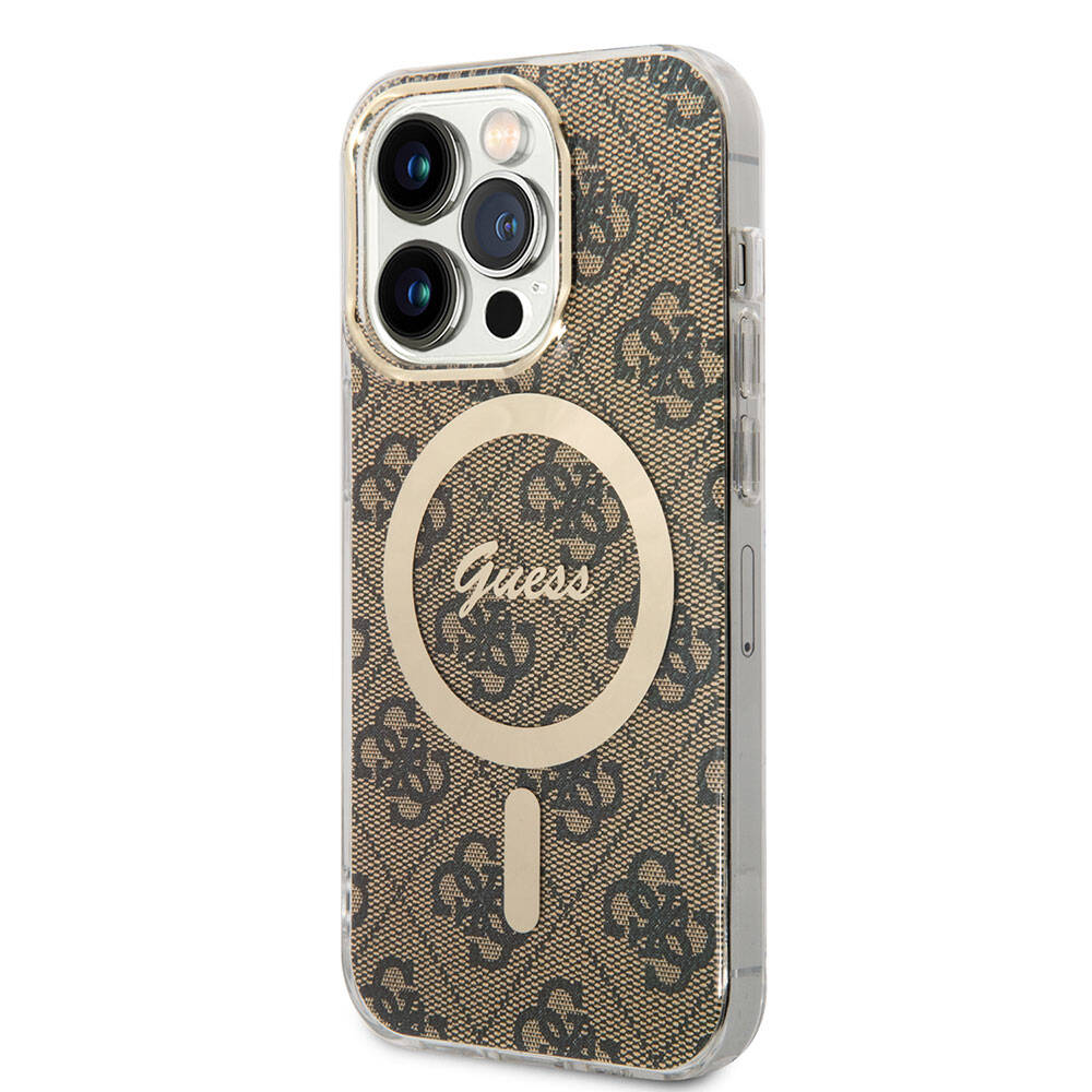 Apple iPhone 15 Pro Kılıf Guess Orjinal Lisanslı M-safe Şarj Özellikli Yazı Logolu 4G Desenli Kapak