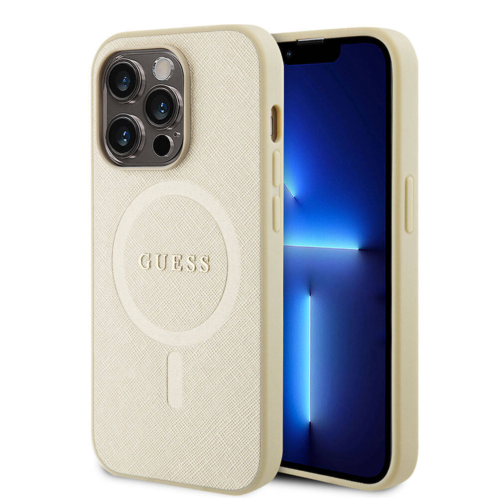 Apple iPhone 15 Pro Kılıf Guess Orjinal Lisanslı M-safe Şarj Özellikli Yazı Logolu Saffiano Kapak