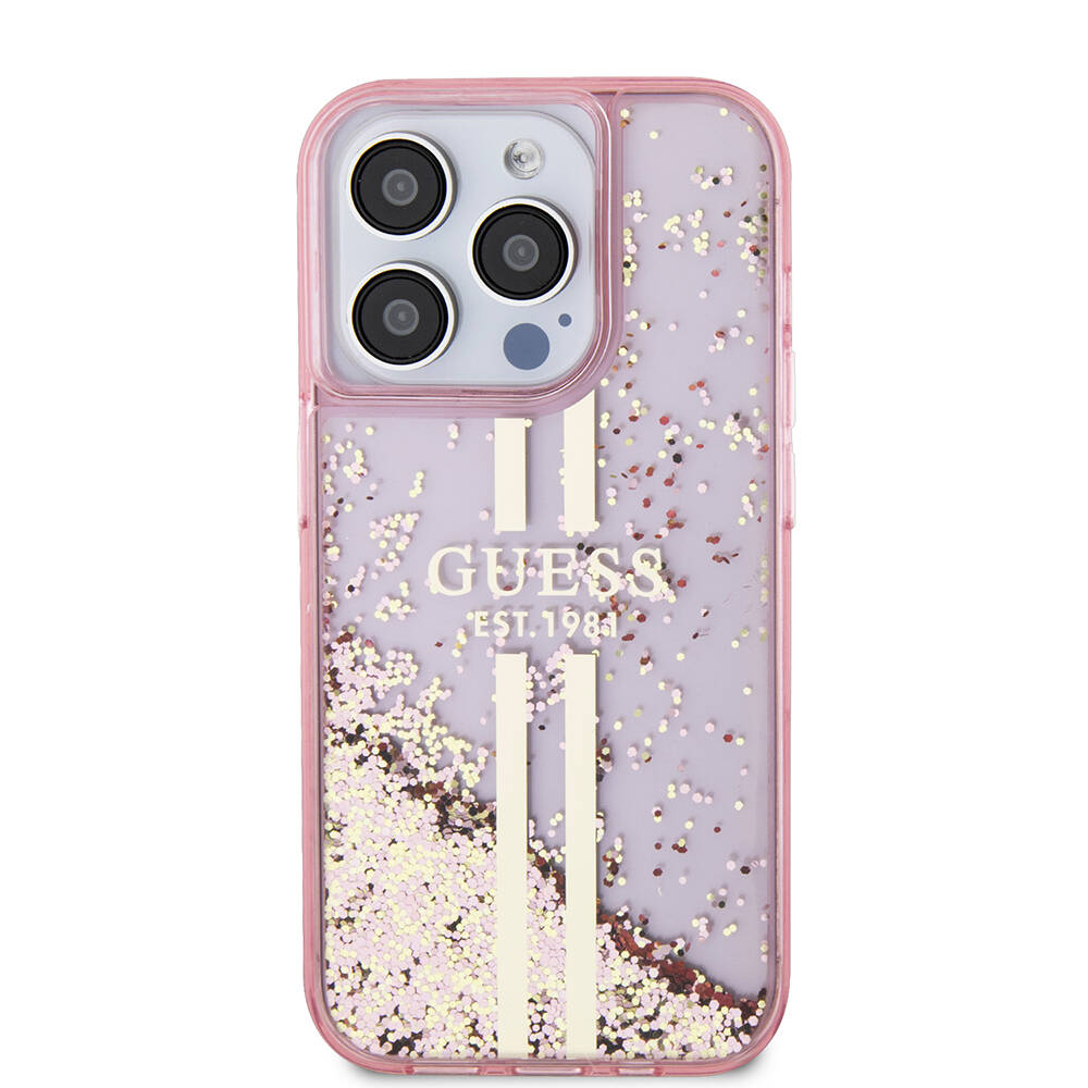 Apple iPhone 15 Pro Kılıf Guess Orjinal Lisanslı Transparan Sıvılı Simli Altın Çizgili Kapak - Görsel 3