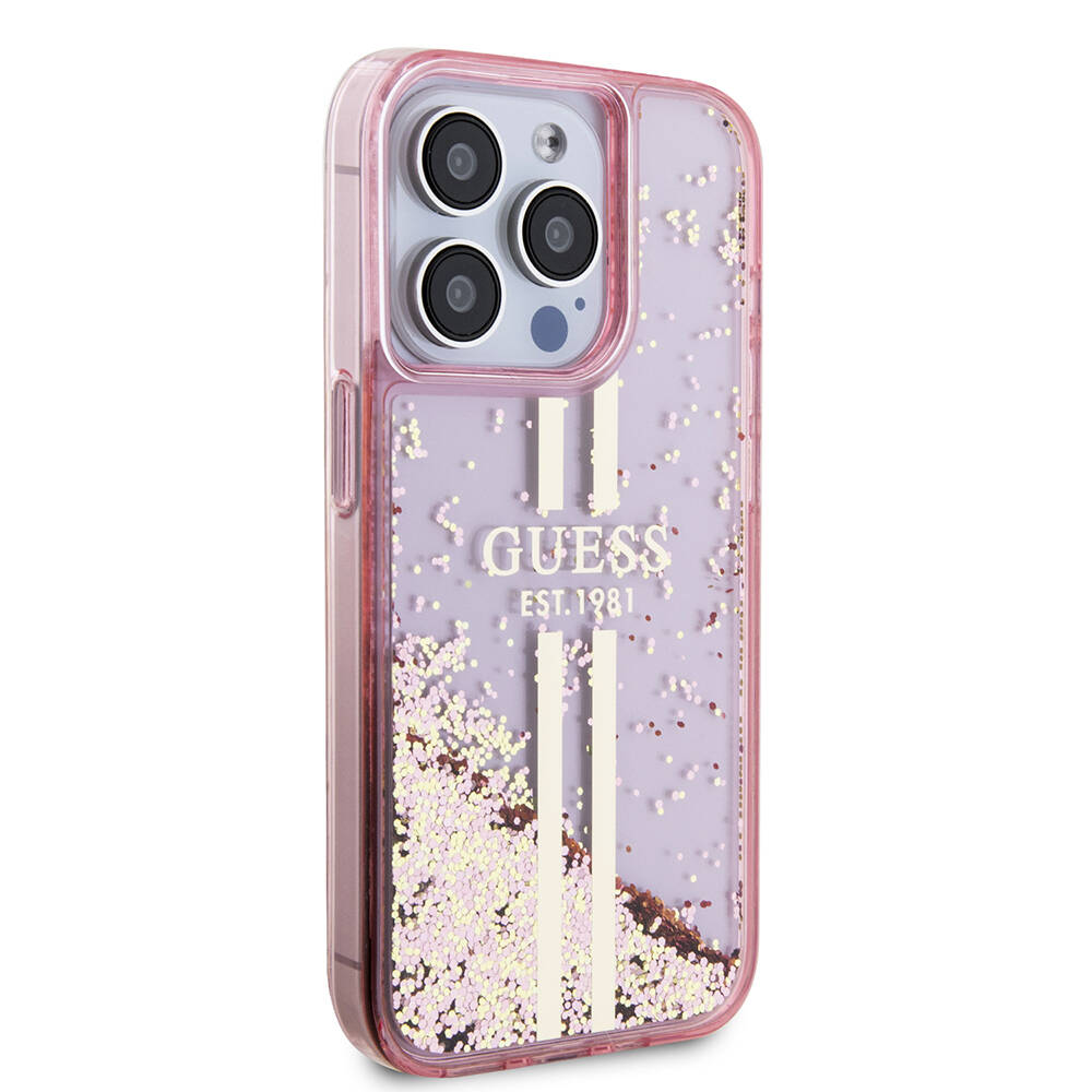 Apple iPhone 15 Pro Kılıf Guess Orjinal Lisanslı Transparan Sıvılı Simli Altın Çizgili Kapak - Görsel 4