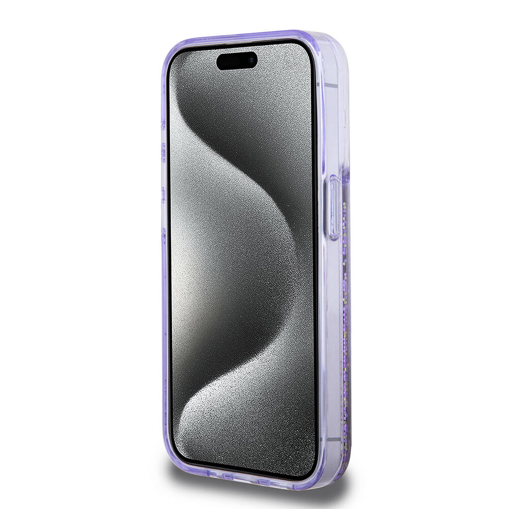 Apple iPhone 15 Pro Kılıf Guess Orjinal Lisanslı Transparan Sıvılı Simli Altın Çizgili Kapak - Görsel 12