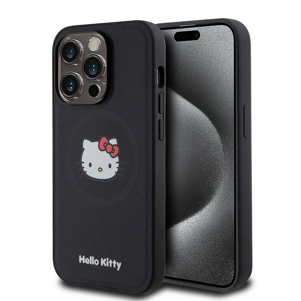 Apple iPhone 15 Pro Kılıf Hello Kitty Orjinal Lisanslı M-safe Şarj Özellikli Kitty Head Deri Kapak - Görsel 8