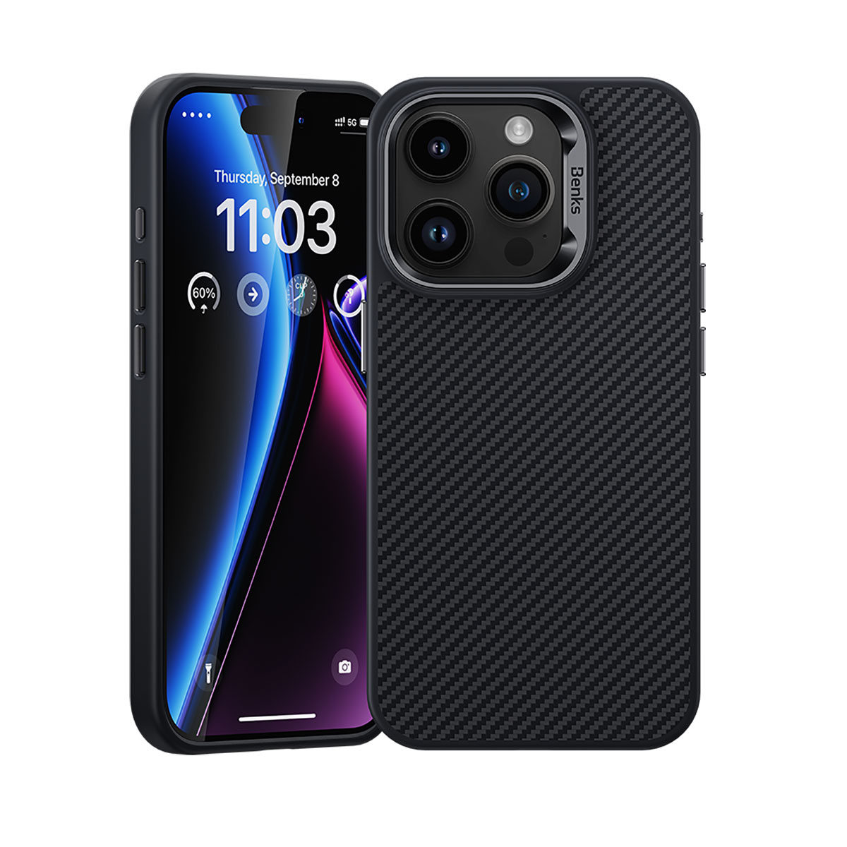 Apple iPhone 15 Pro Kılıf Karbon Fiber M-safe Şarj Özellikli Benks Hybrid ArmorPro 600D Kevlar Kapak