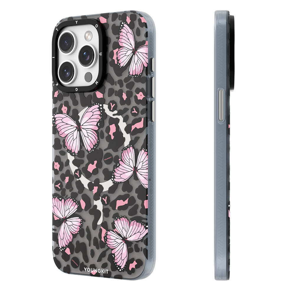 Apple iPhone 15 Pro Kılıf M-safe Şarj Özellikli Kelebek Desenli Youngkit Shadow Dance Serisi Kapak