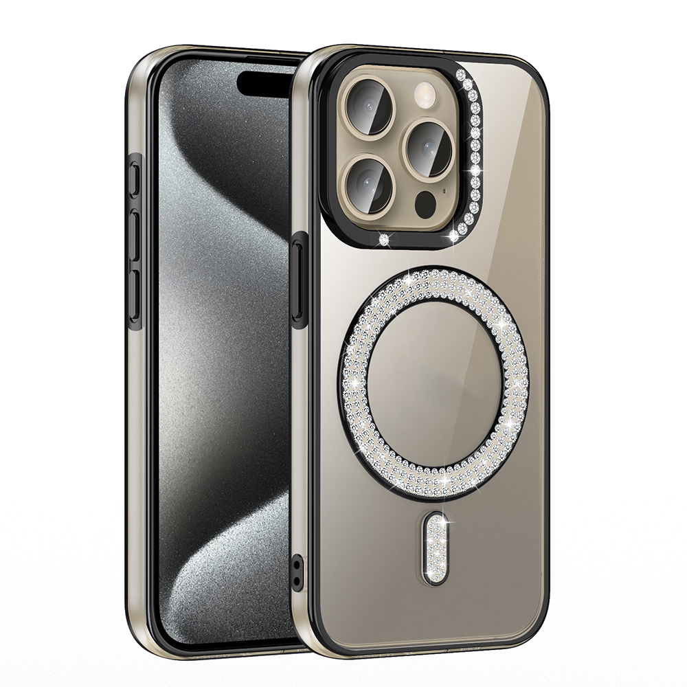 Apple iPhone 15 Pro Kılıf Pırlanta Taş Tasarımlı M-safe Şarj Özellikli Zore Karetta Silikon Kapak