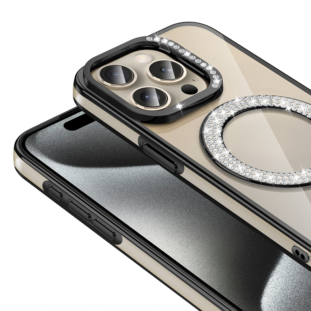 Apple iPhone 15 Pro Kılıf Pırlanta Taş Tasarımlı M-safe Şarj Özellikli Zore Karetta Silikon Kapak