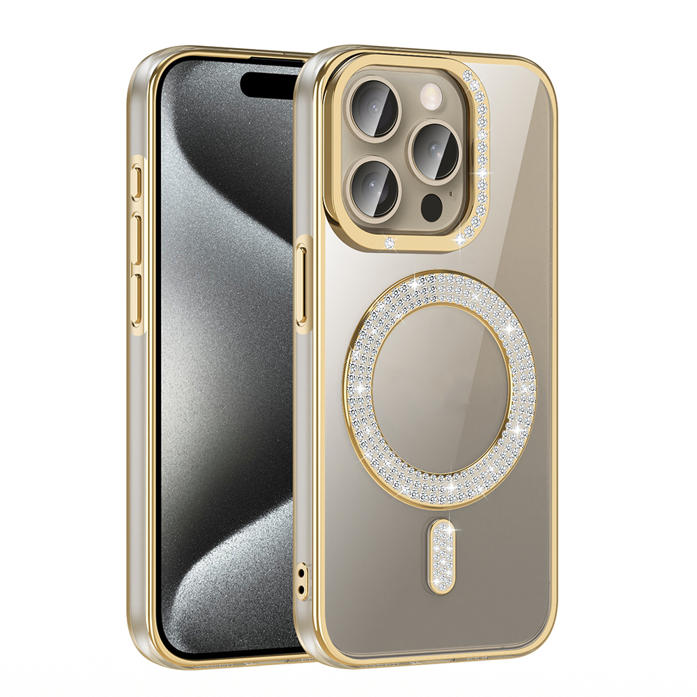 Apple iPhone 15 Pro Kılıf Pırlanta Taş Tasarımlı M-safe Şarj Özellikli Zore Karetta Silikon Kapak