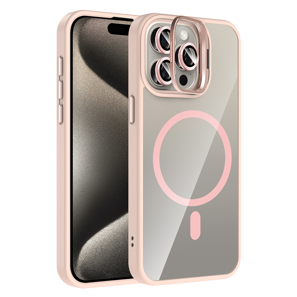 Apple iPhone 15 Pro Kılıf Standlı ve Kamera Lens Hediyeli M-Safe Şarj Özellikli Zore Etro Kapak