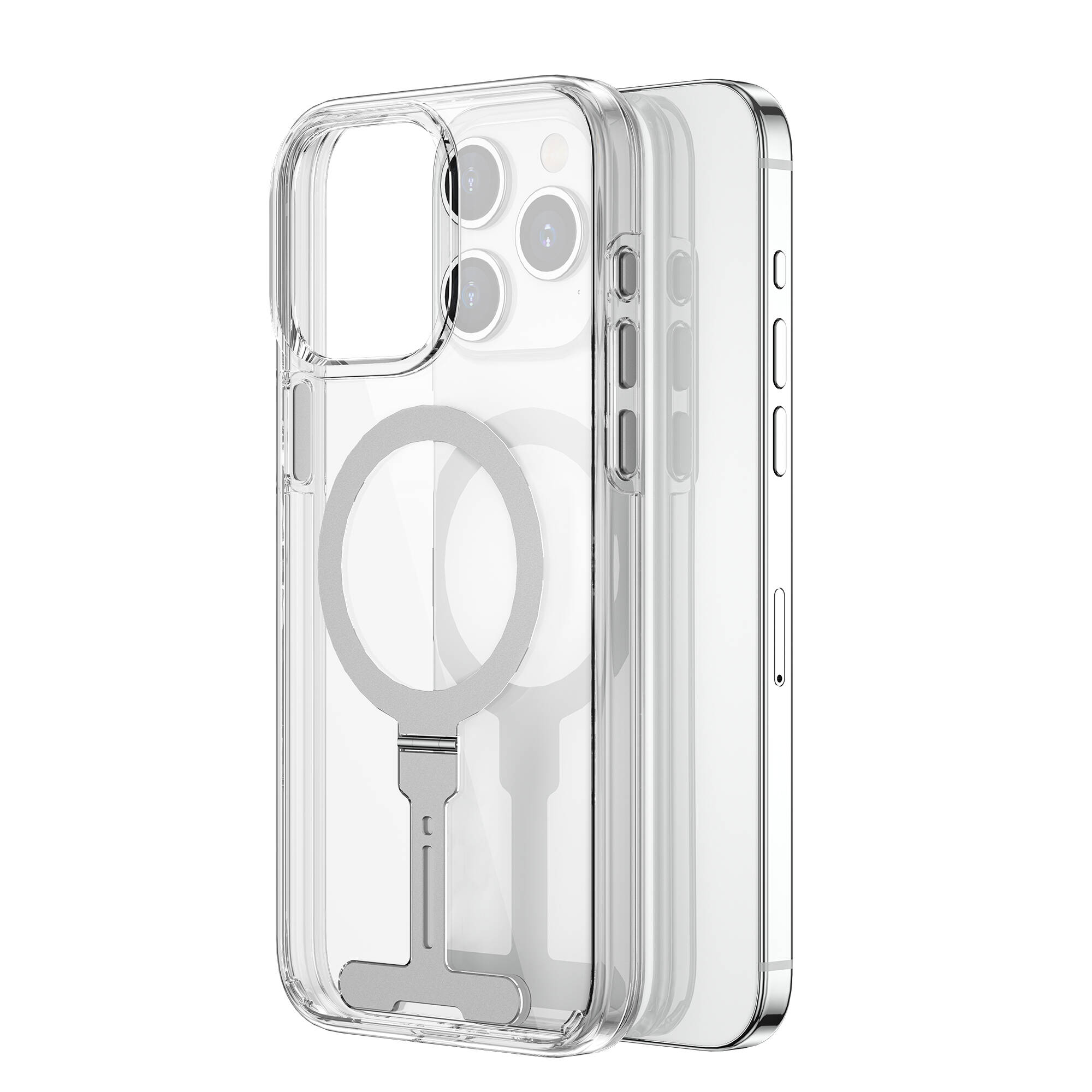 Apple iPhone 15 Pro Kılıf Wiwu FYY-014 M-safe Şarj Özellikli Alüminyum Alaşım Metal Standlı Şeffaf Kapak
