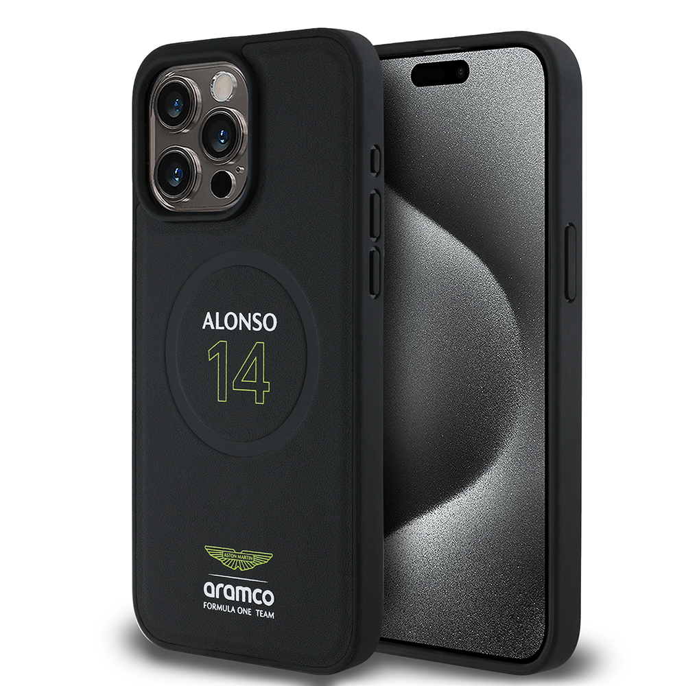Apple iPhone 15 Pro Max Kılıf Aston Martin Orjinal Lisanslı M-safe Şarj Özellikli PU Deri Alonso 14 Baskılı Kapak - Görsel 7