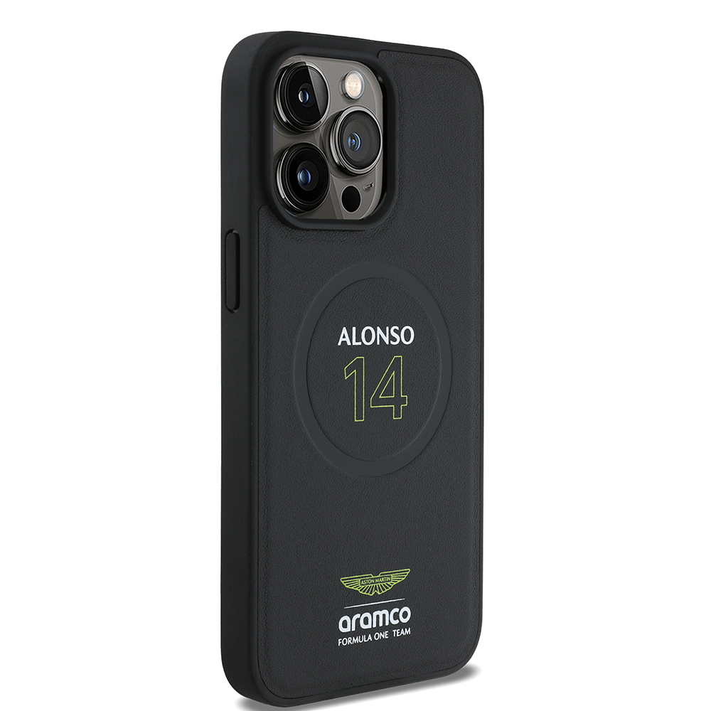 Apple iPhone 15 Pro Max Kılıf Aston Martin Orjinal Lisanslı M-safe Şarj Özellikli PU Deri Alonso 14 Baskılı Kapak - Görsel 3
