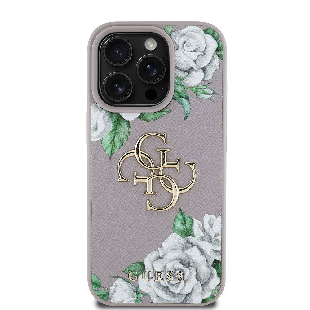 Apple iPhone 15 Pro Max Kılıf Guess Orjinal Lisanslı Gül Baskılı Büyük Metal Logo Dizaynlı Kapak