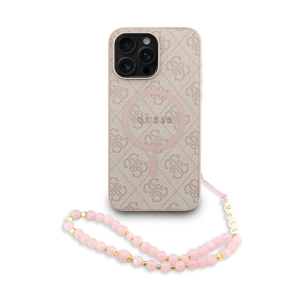 Apple iPhone 15 Pro Max Kılıf Guess Orjinal Lisanslı M-safe Şarj Özellikli PU Deri Bilek Askı İpli Yazı Logolu Kapak