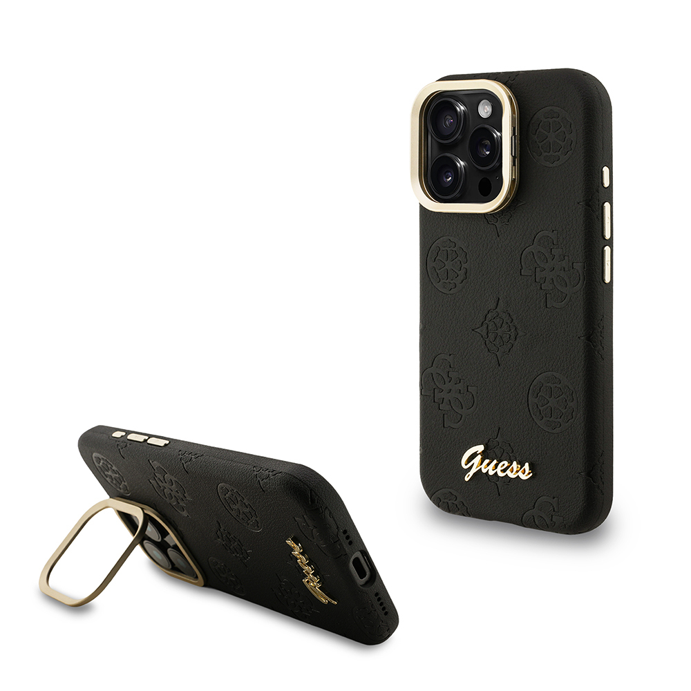 Apple iPhone 15 Pro Max Kılıf Guess Orjinal Lisanslı M-safe Şarj Özellikli Sıcak Baskılı Yazı Logolu Kamera Standlı PU Deri Peony Kapak